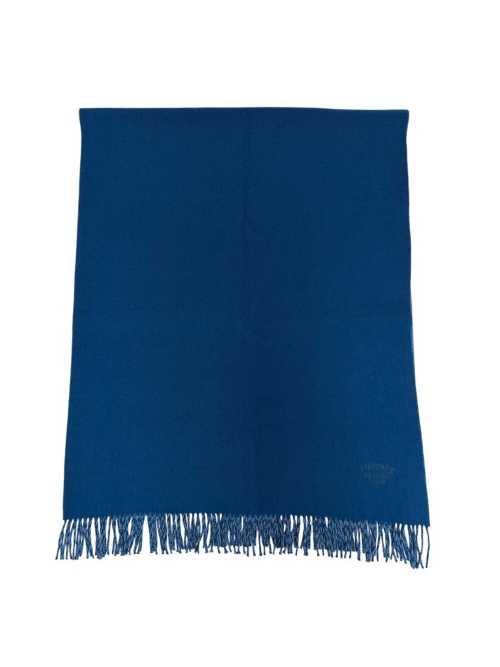 Hermes Cashmere 100% Logo Embroidery Bicolor Large Scarf Shawl with Fringe Blue